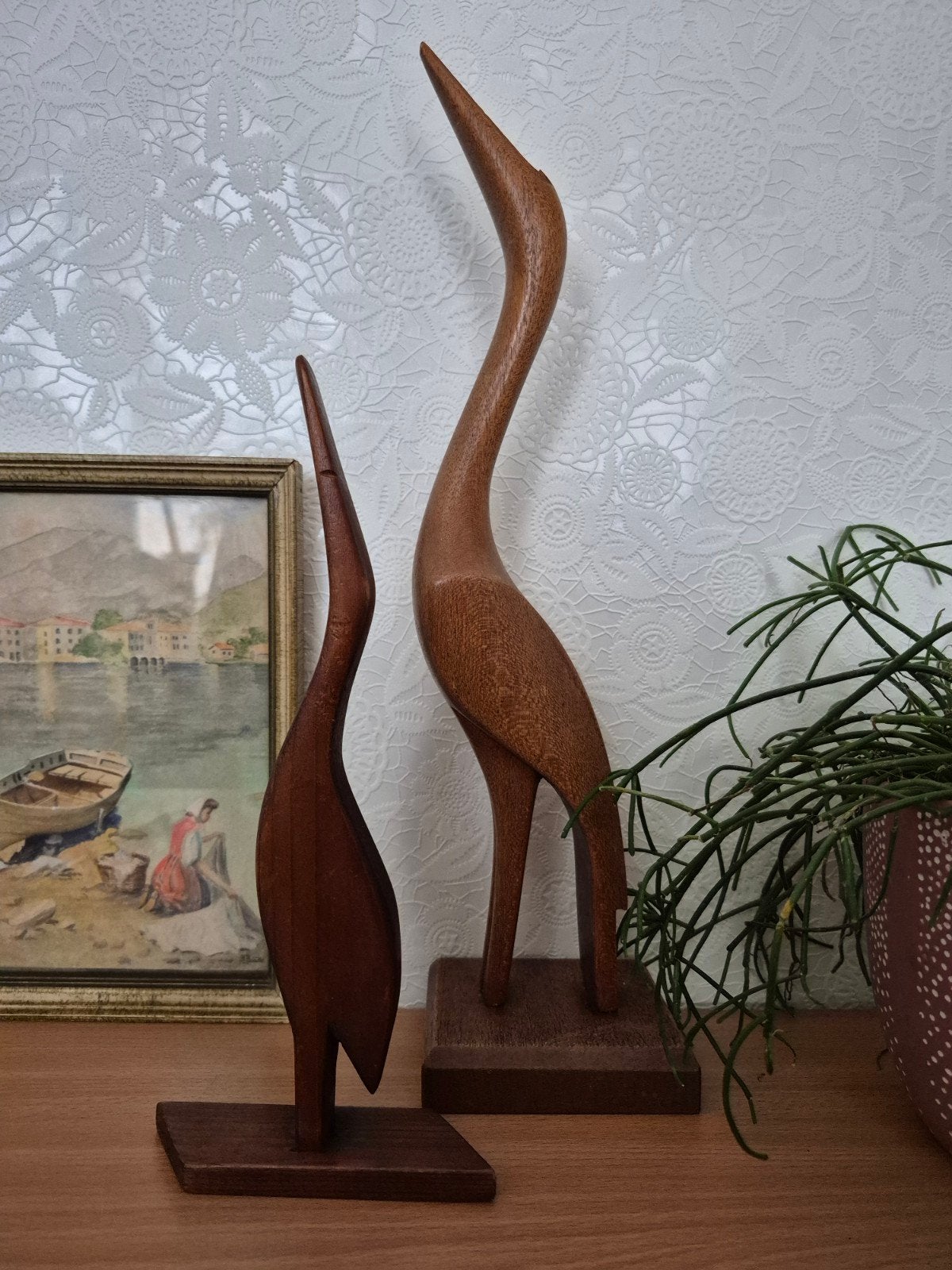 Vintage houten reiger beelden set,  Scandinavisch design., Ophalen of Verzenden