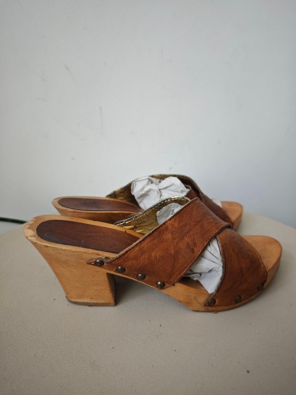 Shabbies bruin leren klomp sandaal maat 37, Gedragen, Bruin, Shabbies Amsterdam, Sandalen of Muiltjes