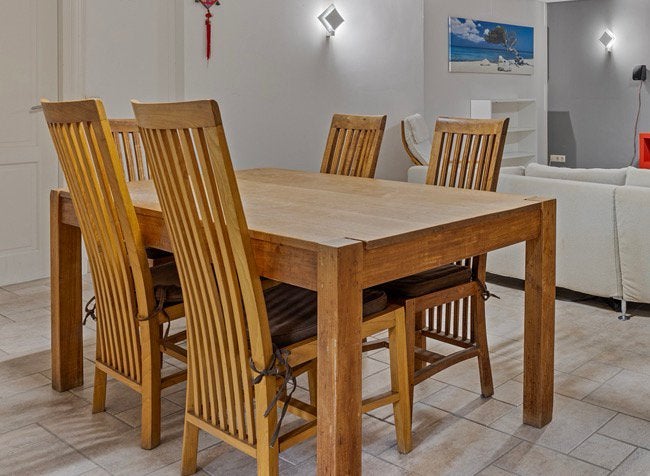 Teak tafel met stoelen, Huis en Inrichting, Ophalen, Zo goed als nieuw, 4 tot 6 stoelen
