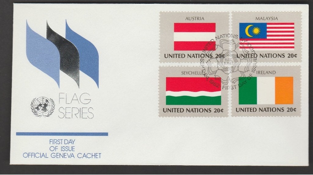 Verenigde Naties - FDC 4 vlaggen oa Oostenrijk, Ophalen of Verzenden, Postfris, Noord-Amerika