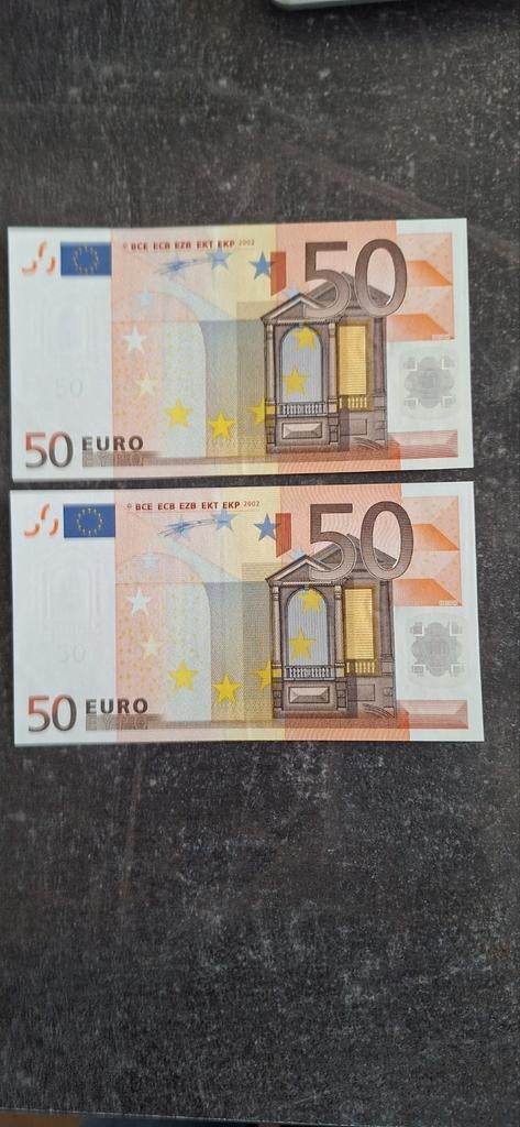 2x op serie Nederland 50 euro H016 AU ( Zeldzaam! )., Ophalen of Verzenden, Overige landen, 50 euro