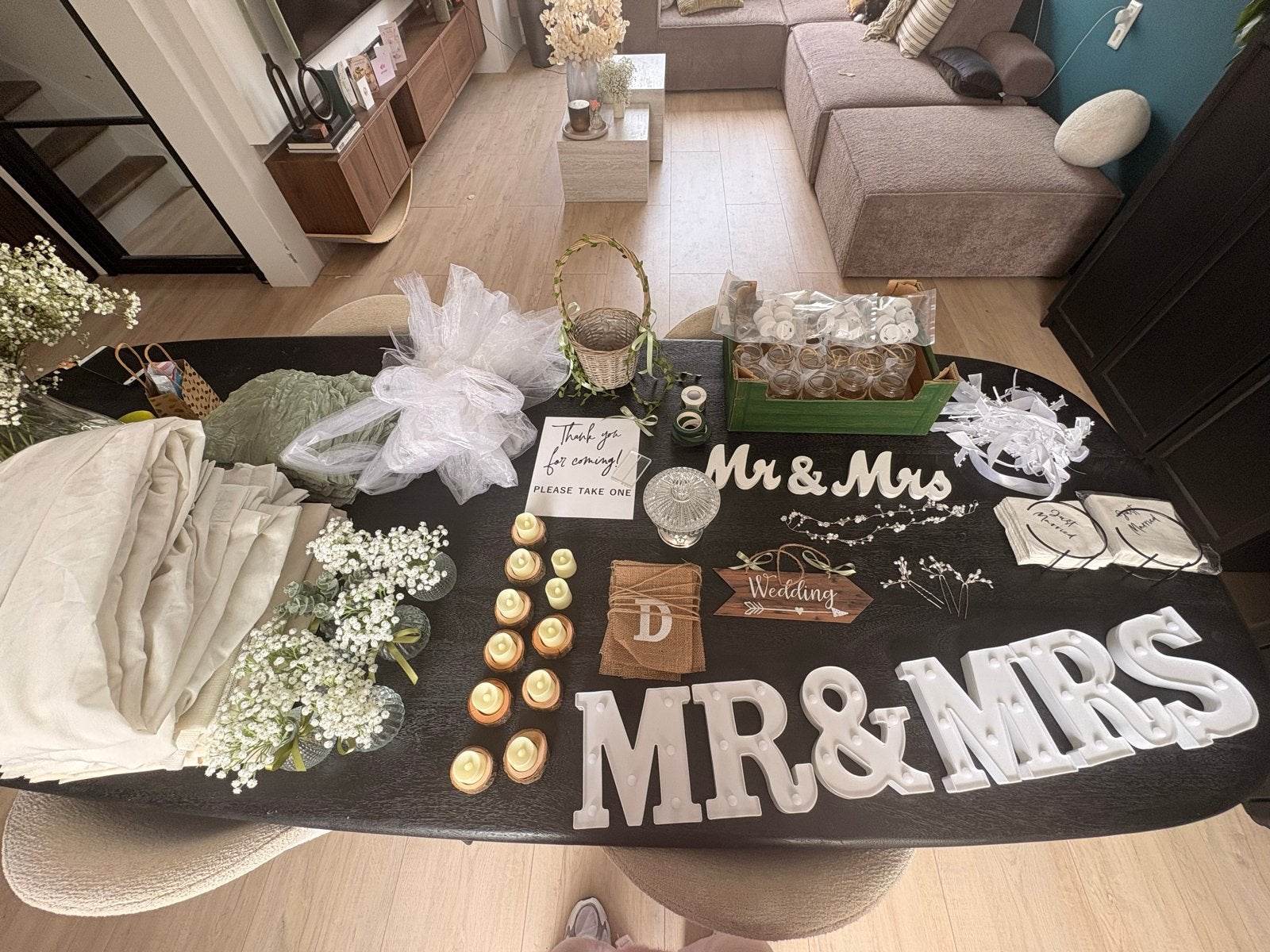 Bruiloft decoratie set groen, wit en houtkleur