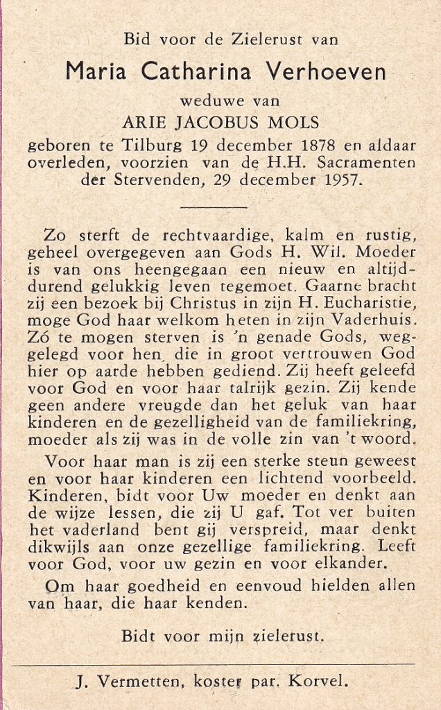Verhoeven Maria 1878 Tilburg 1957, Verzamelen, Bidprentjes en Rouwkaarten, Ophalen of Verzenden, Bidprentje