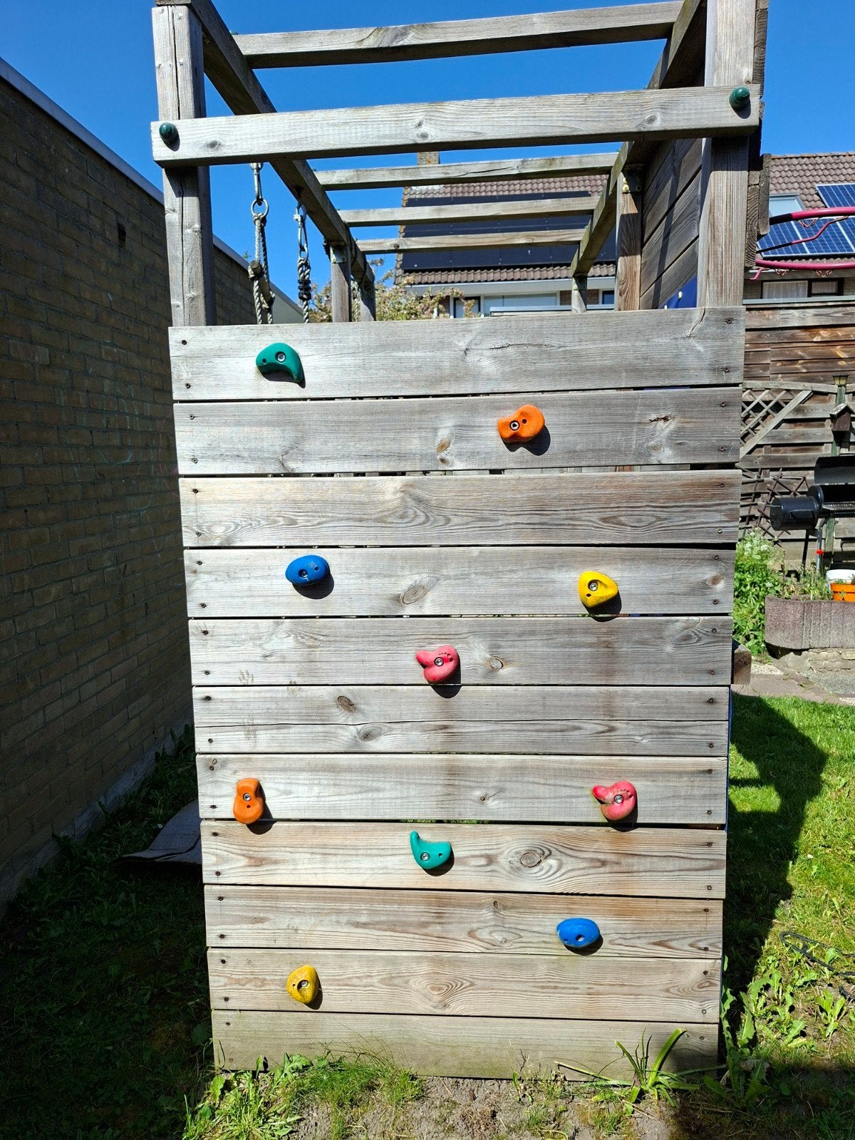 Houten klimrek met klimwand en klimnet, Kinderen en Baby's, Speelgoed | Buiten | Speeltoestellen, Ophalen, Gebruikt, Klimnet