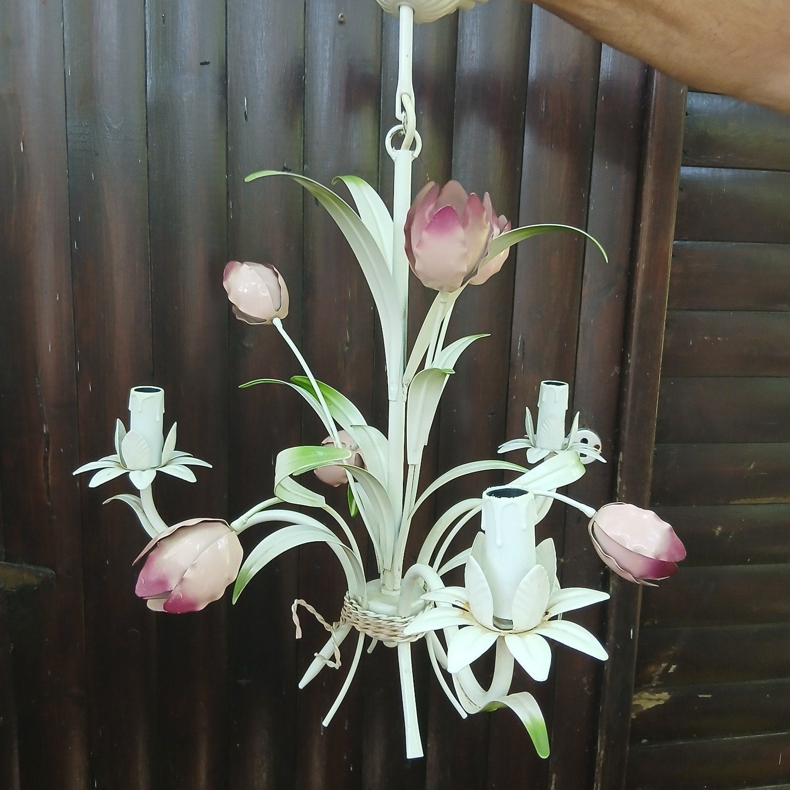 Brocante metalen hanglamp met roze/rode tulpen. Tulpenlamp, Ophalen of Verzenden