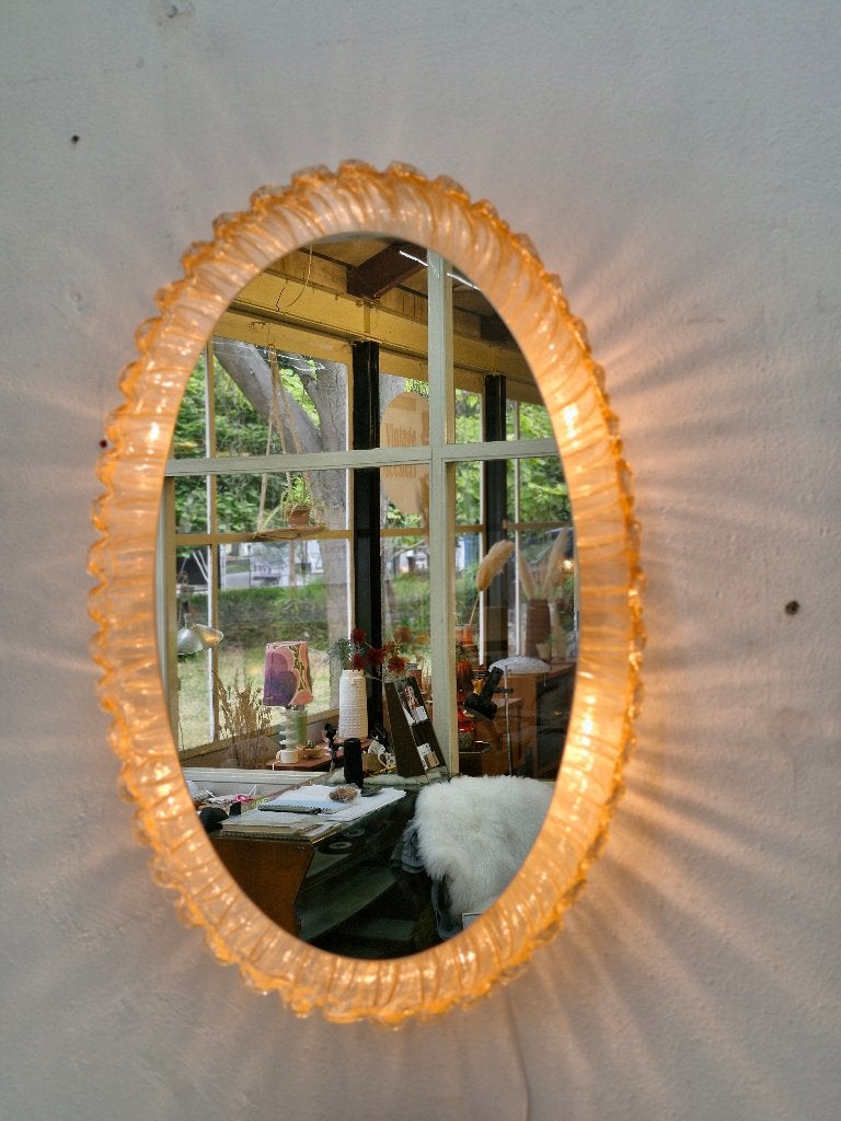 Vintage Hillebrand ovale wandspiegel met verlichting 70s, Ophalen, Minder dan 50 cm, Gebruikt, .