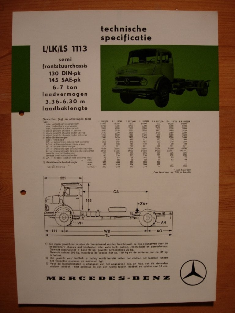 Mercedes 1113 L LK LS Torpedo 1970 Brochure Specificatie, Zo goed als nieuw, Mercedes-Benz, Mercedes, Ophalen of Verzenden