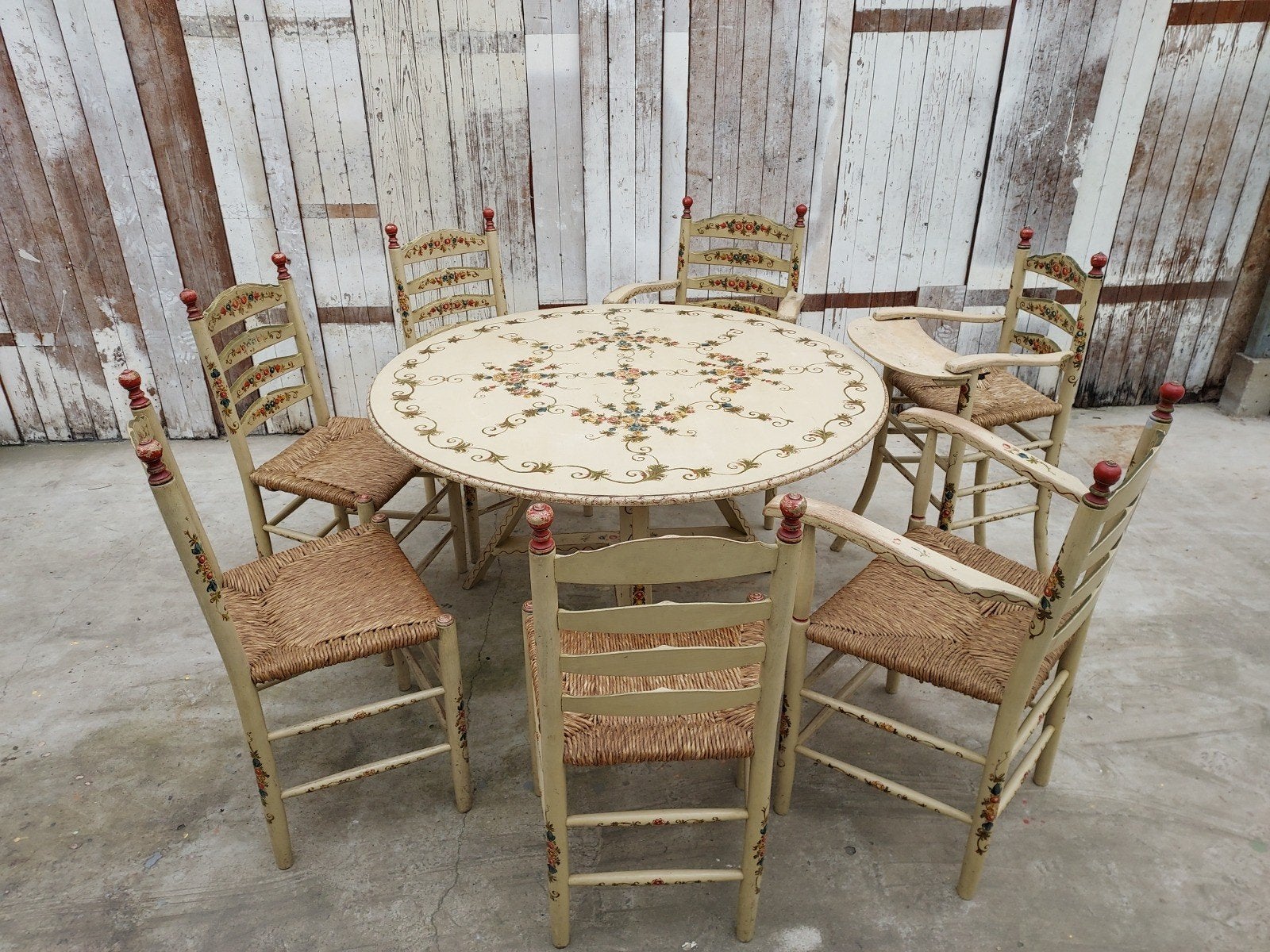 Antieke Hindeloopen eettafel met 7 stoelen | ca. 1920–1940, Ophalen, Gebruikt, Hindeloopen, volkskunstmeubilair, 4 tot 6 stoelen