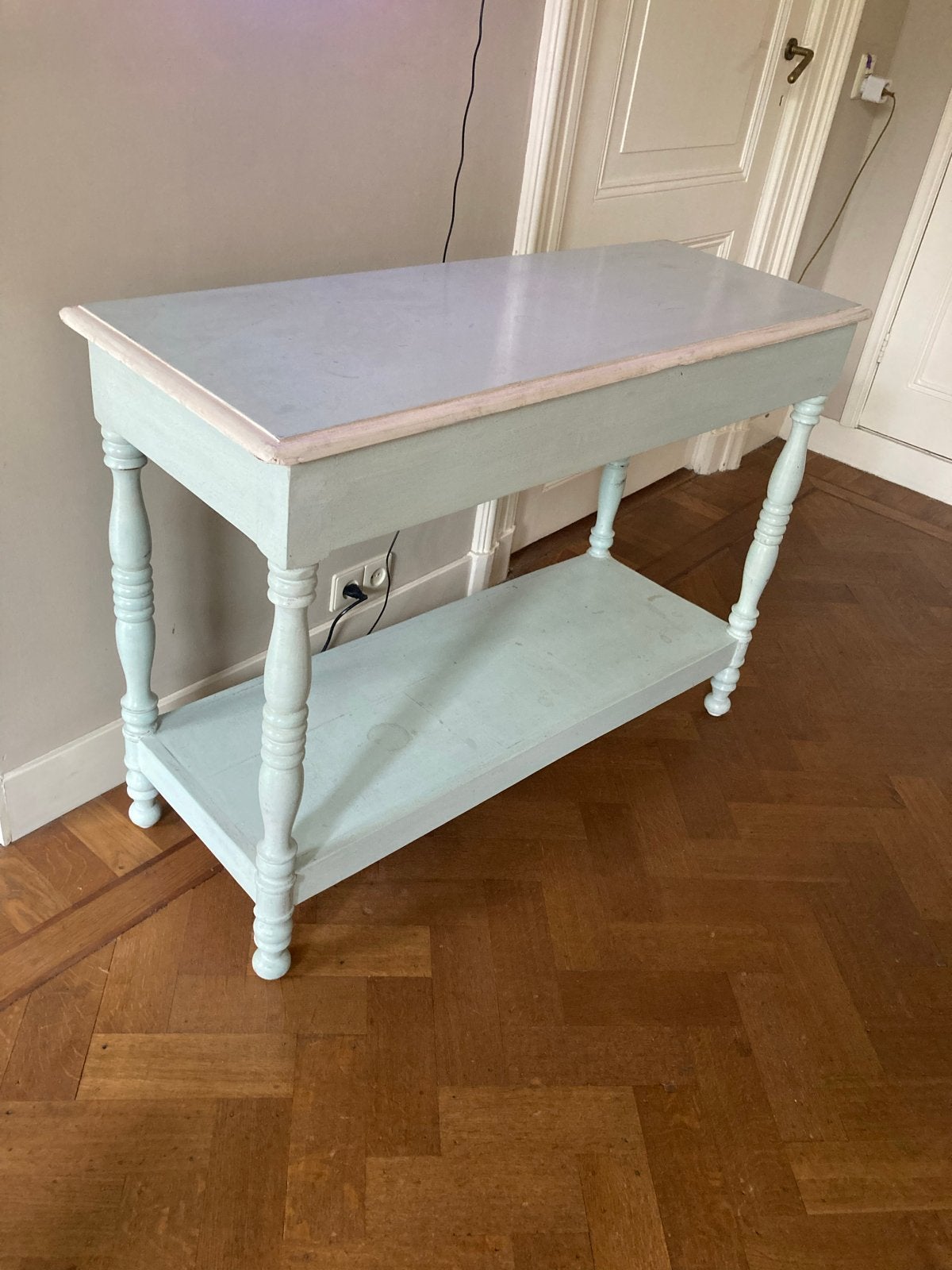 Brocante sidetable in lichtblauw 110x40x80 hoog, Ophalen, Gebruikt, 50 tot 100 cm, Overige houtsoorten