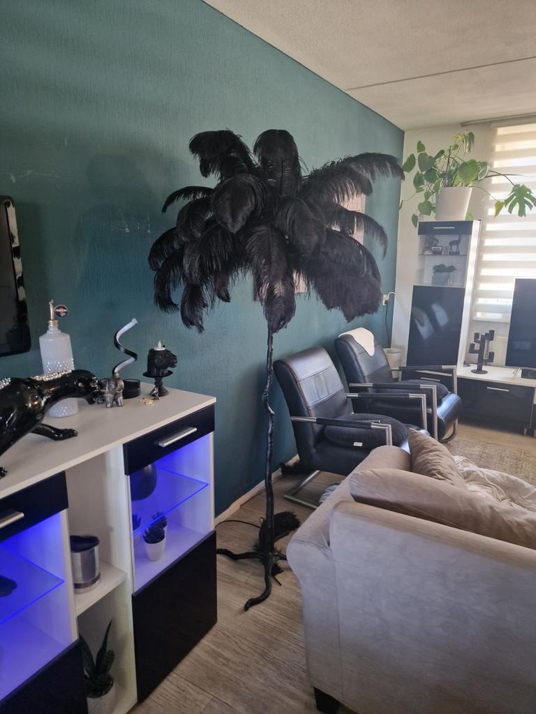 Unieke veren lamp met 5 LED lampen - Zwart, Overige materialen, Modern, Luxe, Glamour, Ophalen of Verzenden, Zo goed als nieuw