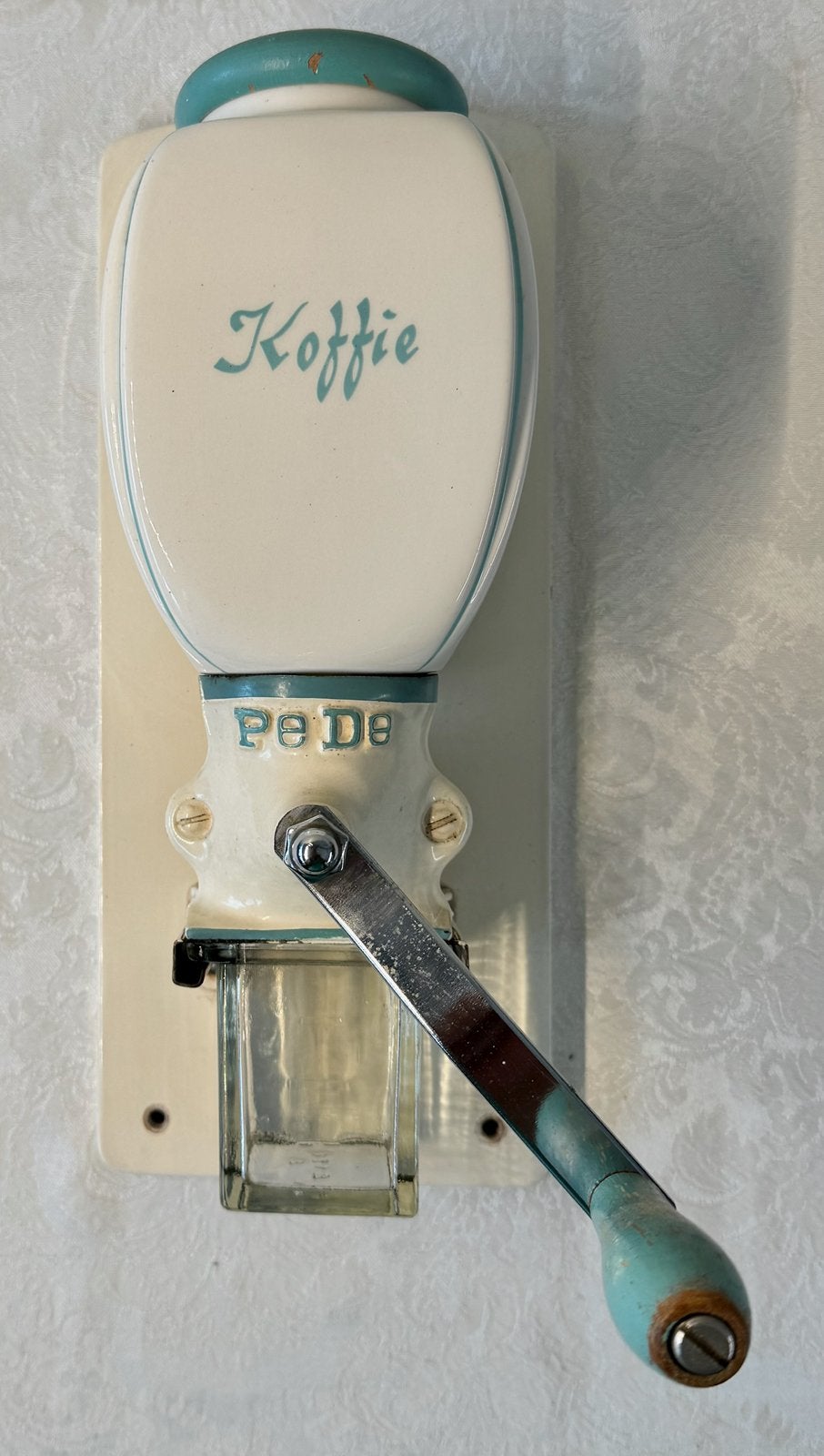 Vintage PeDe Wandkoffiemolen - Crème/Turquoise, Ophalen of Verzenden