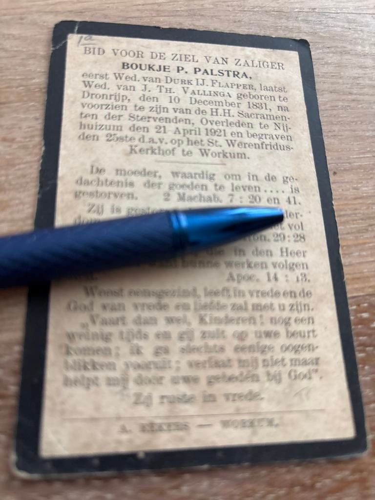 Palstra Boukje 1831 Dronrijp 1921 Nijhuizum Workum x Flapper, Ophalen of Verzenden, Bidprentje