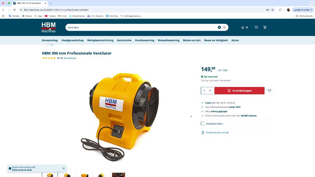 Te koop HBM 300 mm ventilator met flexibele slang, Ophalen, Zo goed als nieuw