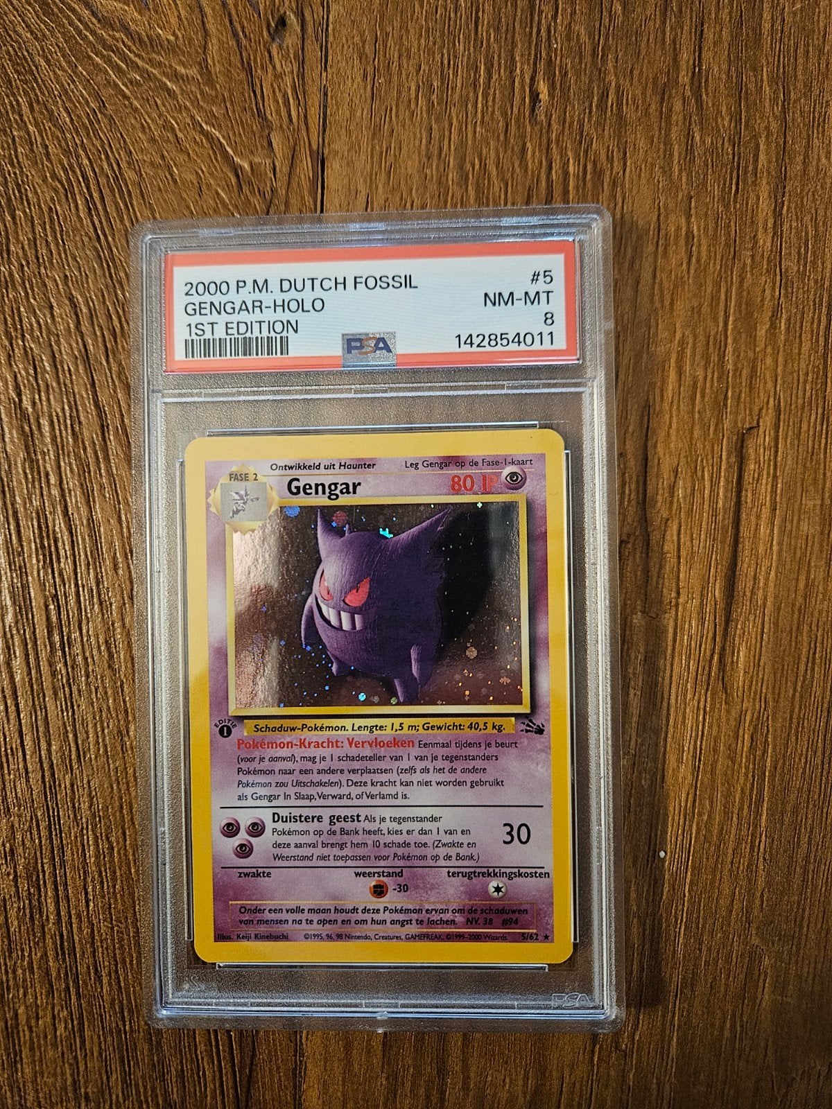 2000 P.M. Dutch Fossil Gengar-Holo 1st Edition PSA 8, Ophalen of Verzenden, Zo goed als nieuw, Losse kaart, Foil