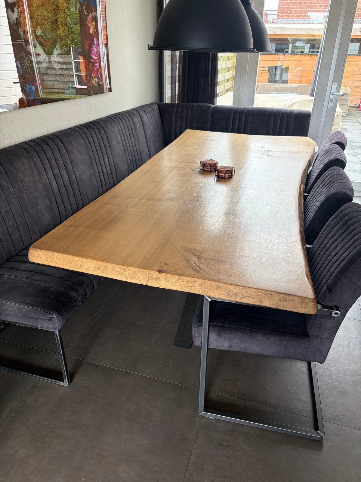 Populieren houten boomstam eettafel met bank en stoelen, Ophalen, 100 tot 150 cm, Eikenhout, 200 cm of meer