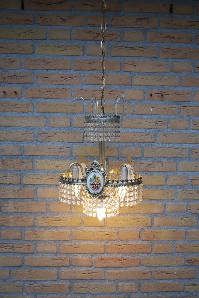 Vintage kroonluchter zilver met kristal, Ophalen, Gebruikt, Vintage, Glas