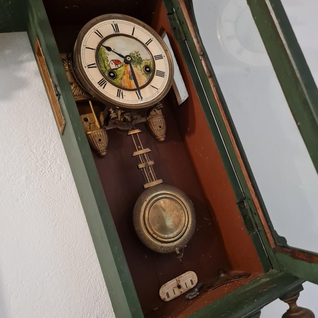 Junghans antieke klok, wijzerplaat hout, handbeschilderd, Ophalen