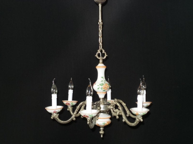 Klassieke italiaanse kroonluchter met porseleinen schalen, Huis en Inrichting, Ophalen, Gebruikt, E14 (klein)