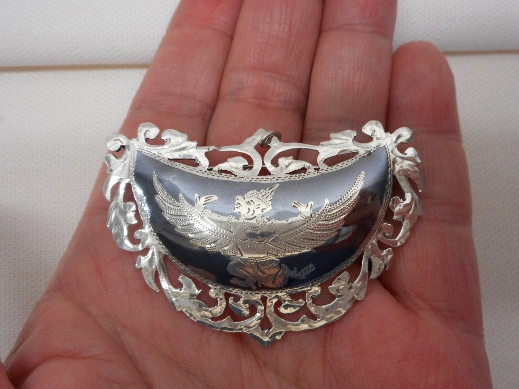 zilveren grote broche /hanger grijs Emaillen nr.056, 4 tot 7 cm, Verzenden, Zo goed als nieuw, Zilver
