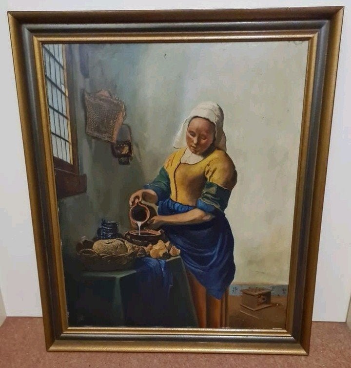 Het melkmeisje olieverf schilderij in lijst 58.568.5, Antiek en Kunst, Kunst | Schilderijen | Klassiek, Ophalen of Verzenden