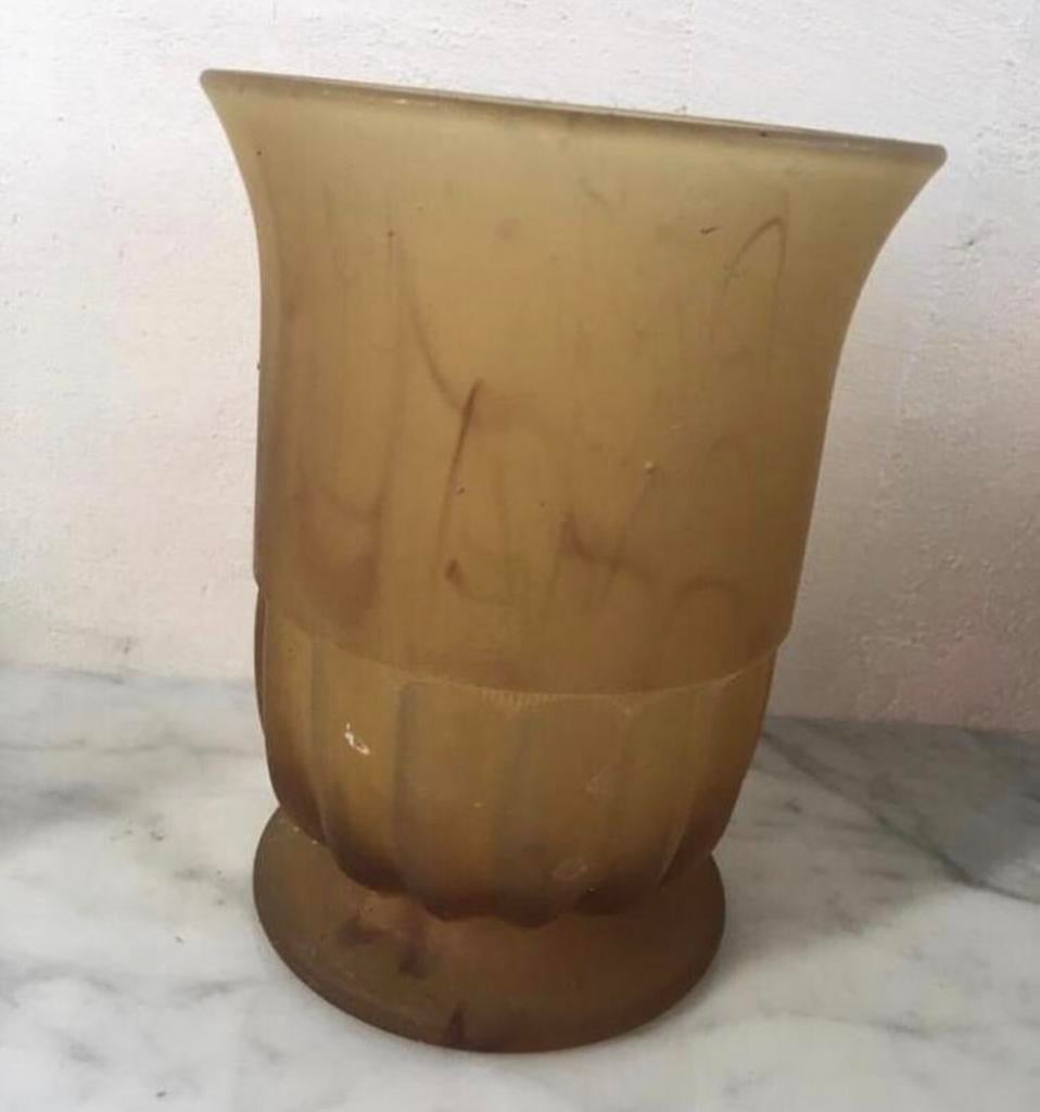 Vintage unieke jaren'50 okergele glazen vaas bloempot 16,5cm, Overige kleuren, Ophalen of Verzenden, Minder dan 50 cm, Glas