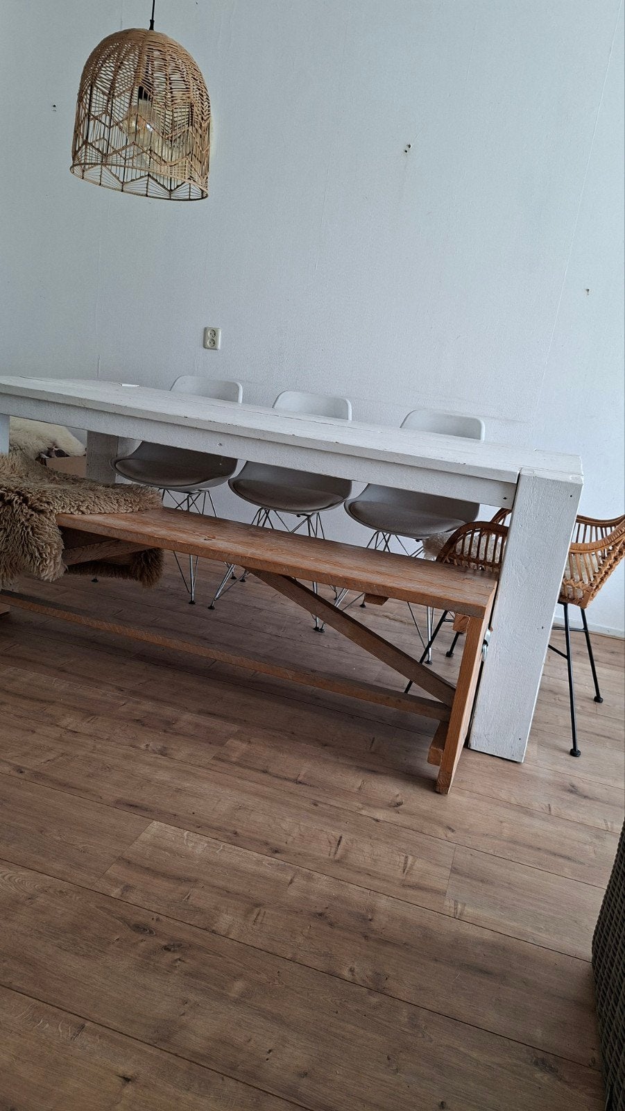 Robuuste witte eettafel met houten bank, Ophalen, Gebruikt, Landelijke, robuuste stijl, 200 cm of meer