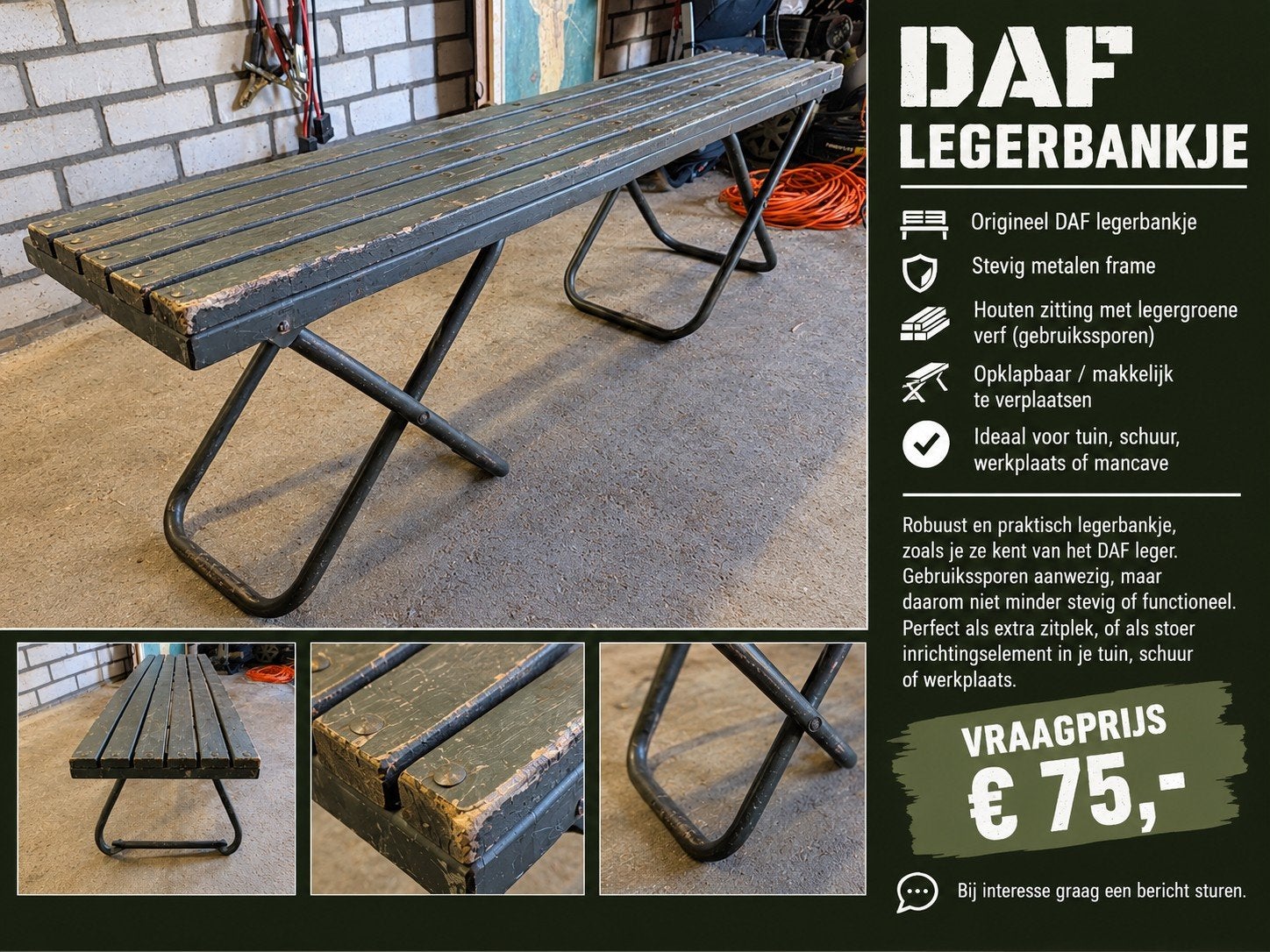 Vintage DAF legerbankje, Ophalen, Gebruikt, Hout