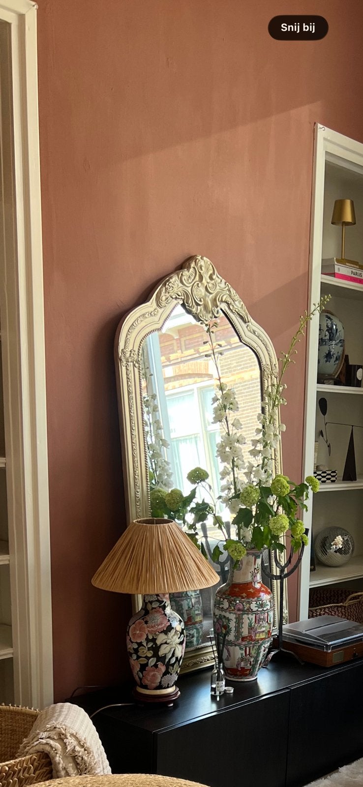Decoratieve spiegel met sierlijke lijst, Ophalen, Gebruikt, 100 tot 150 cm, Overige vormen