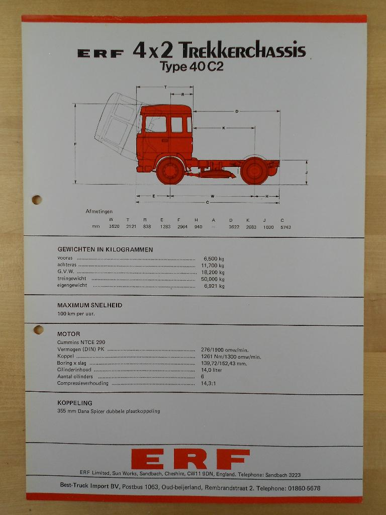 ERF 40 C2 4x2 Technische Specificatie Brochure 1978, Ophalen of Verzenden, Zo goed als nieuw, Overige merken, ERF