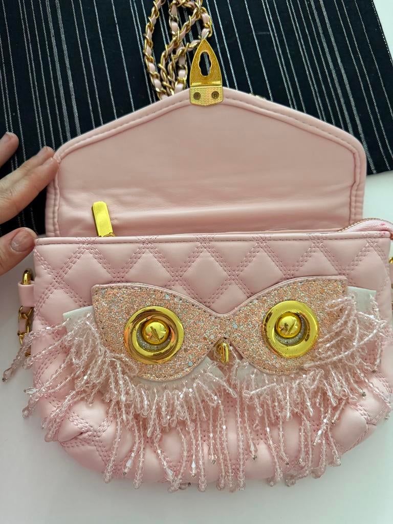Roze schoudertasje met uil design en gouden ketting, Ophalen of Verzenden, Zo goed als nieuw, Roze, Schoudertasje
