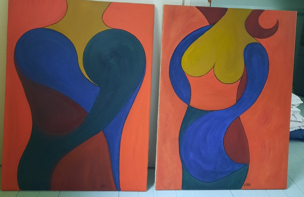Tweeluik: Kleurrijke Olieverf Schilderijen van Man en Vrouw, Ophalen, Portret of Personen, Olieverf, Origineel werk