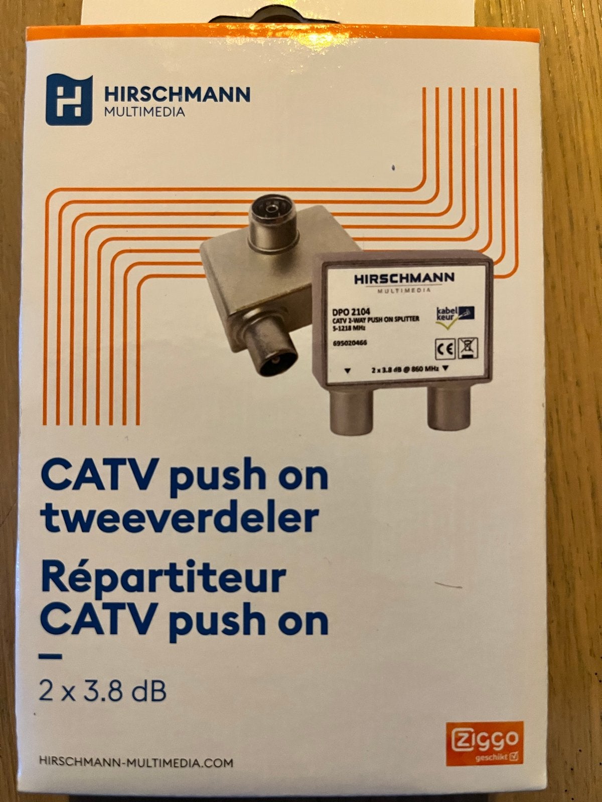 Hirschmann CATV push on tweeverdeler 2x 3.8 dB, Ophalen of Verzenden, Nieuw, Coaxiale kabel