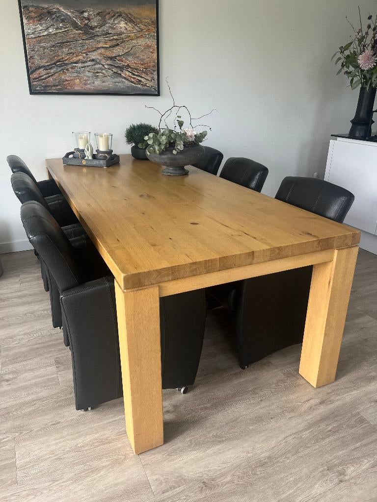 Eettafel met 6 leren armstoelen, Ophalen, Eikenhout, 200 cm of meer, 50 tot 100 cm