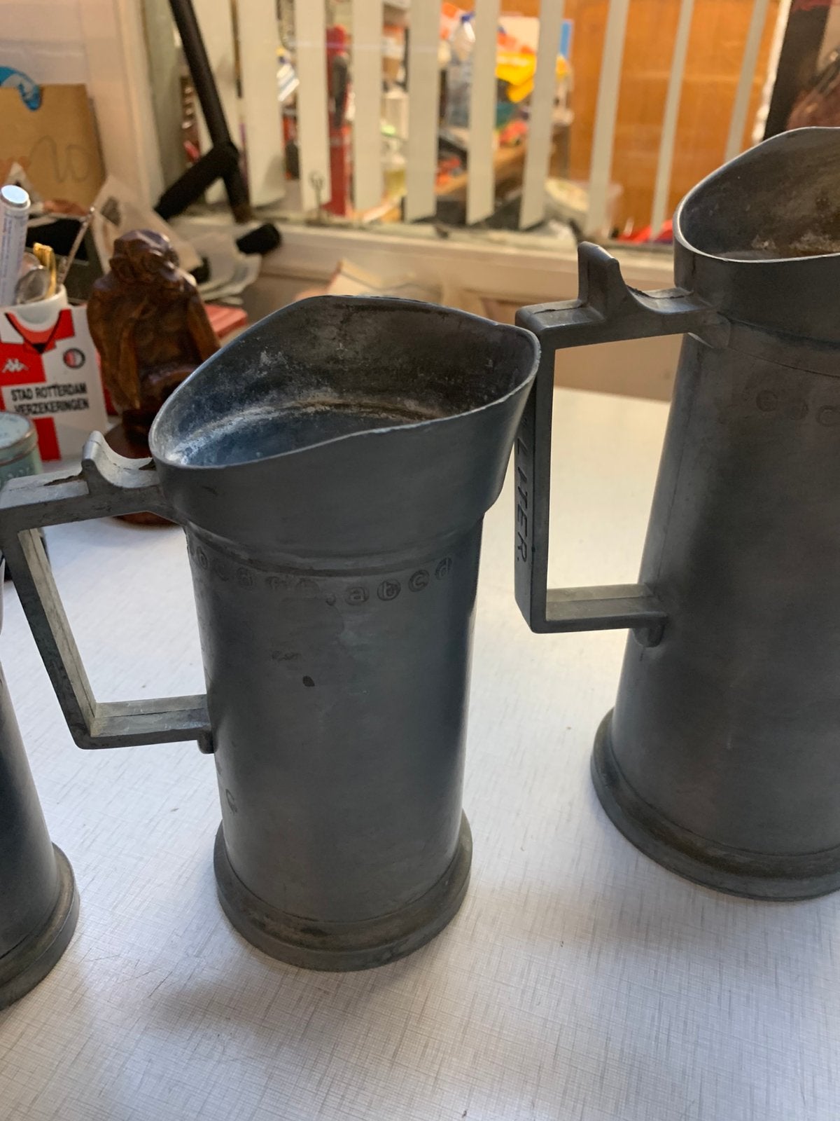 Tin set antieke tinnen maatbekers Meer info 0646396866, Antiek en Kunst, Ophalen of Verzenden