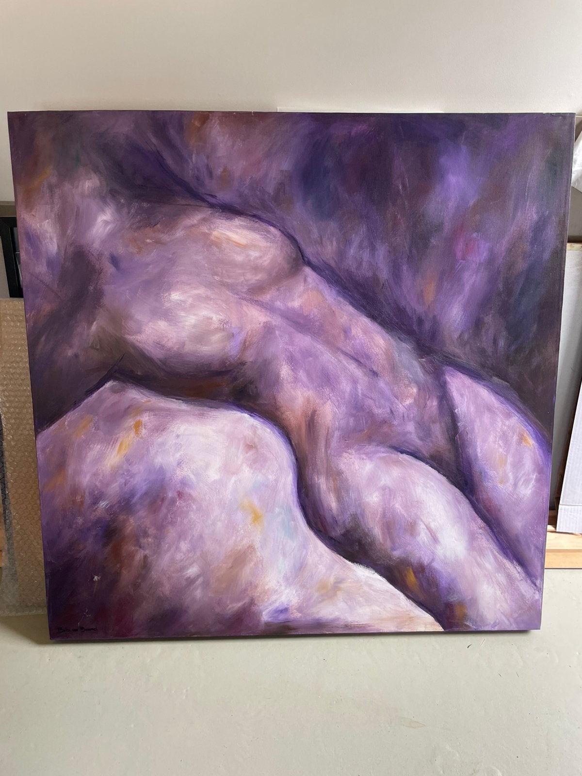 Modern schilderij vrouwenlichaam paars 90x90cm, Ophalen