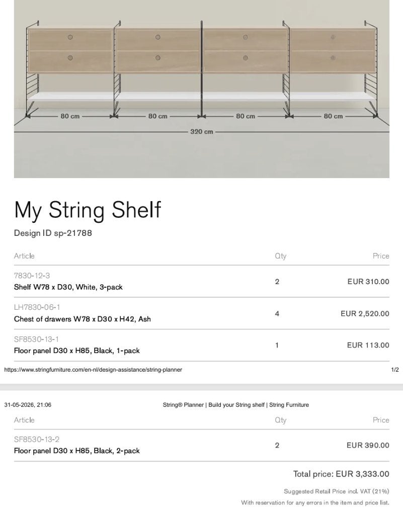 STRING FURNITURE DRESSOIR DESIGN, Ophalen, 5 laden of meer, Overige materialen, Zo goed als nieuw