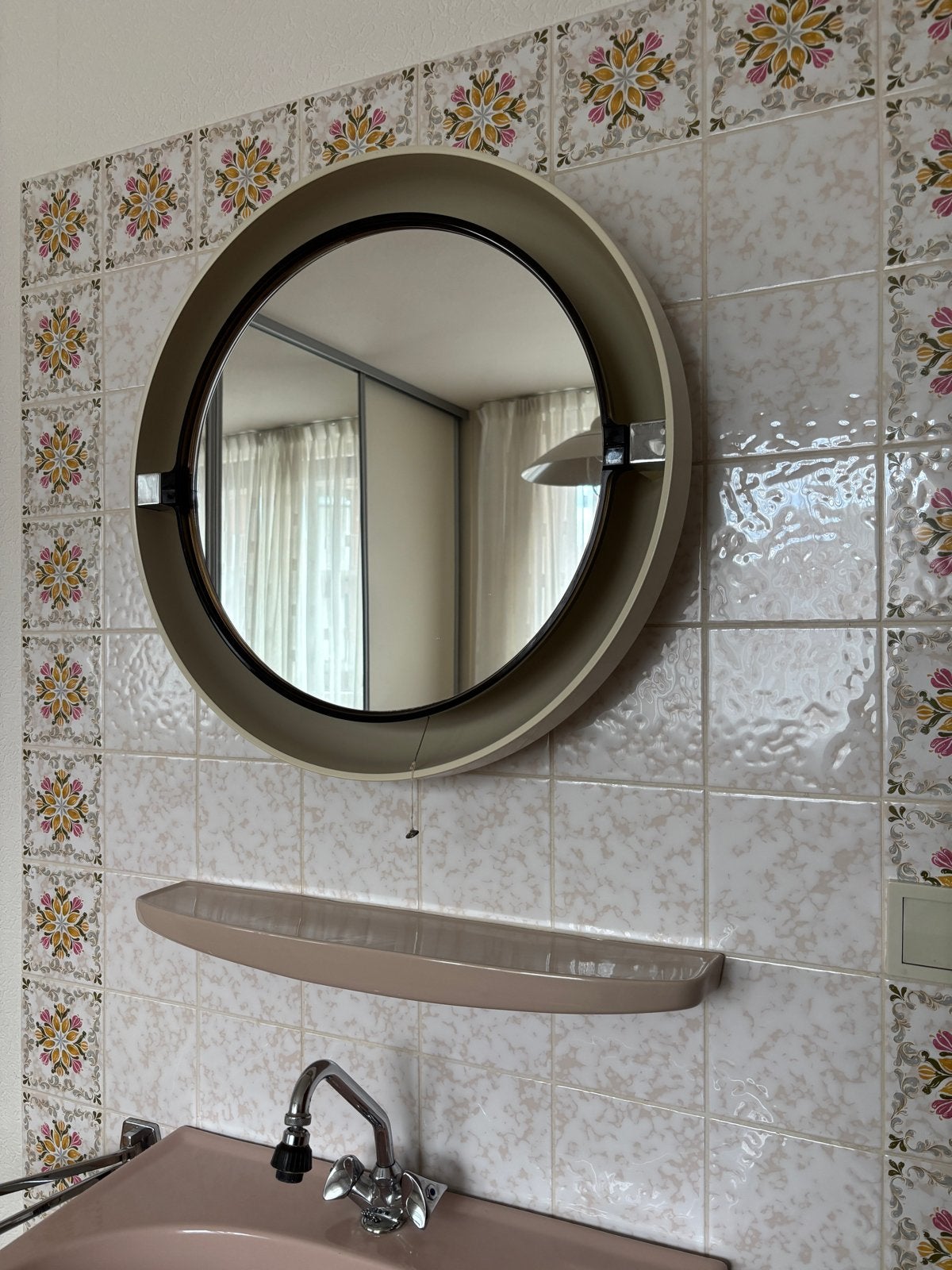 Vintage ronde spiegel met verlichting, Huis en Inrichting, Woonaccessoires | Spiegels, Ophalen, Gebruikt, Rond, Minder dan 100 cm