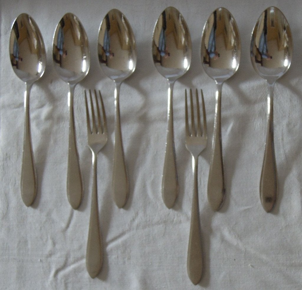 Nr RR5: 6 Verzilverde puntfilet dinerlepels en 2 vorken, Antiek en Kunst, Ophalen of Verzenden