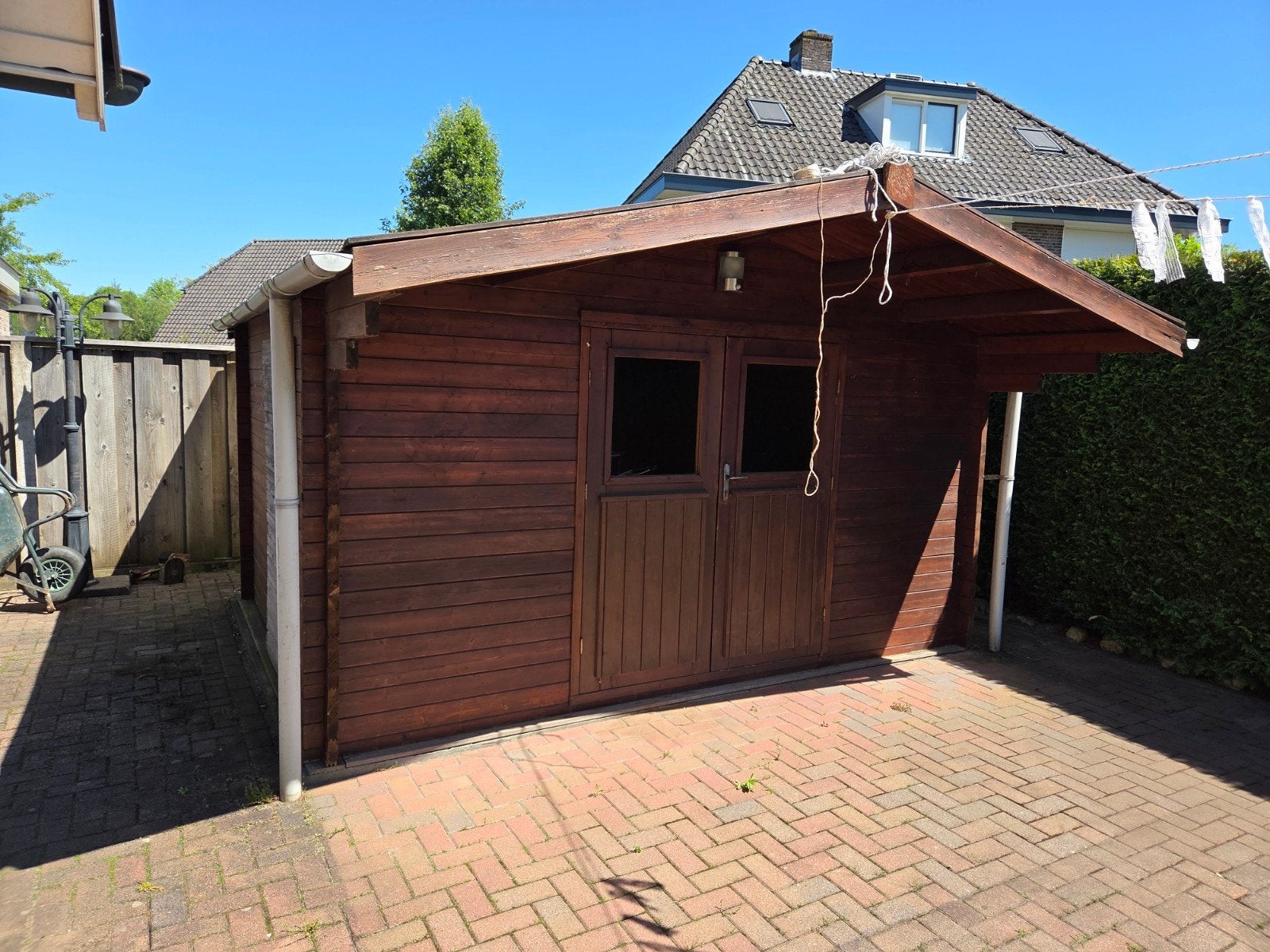 Ruime Tuinschuur met Dubbele Deur en Overkapping - 430x430cm, Ophalen, Gebruikt, 250 tot 500 cm, Schuur