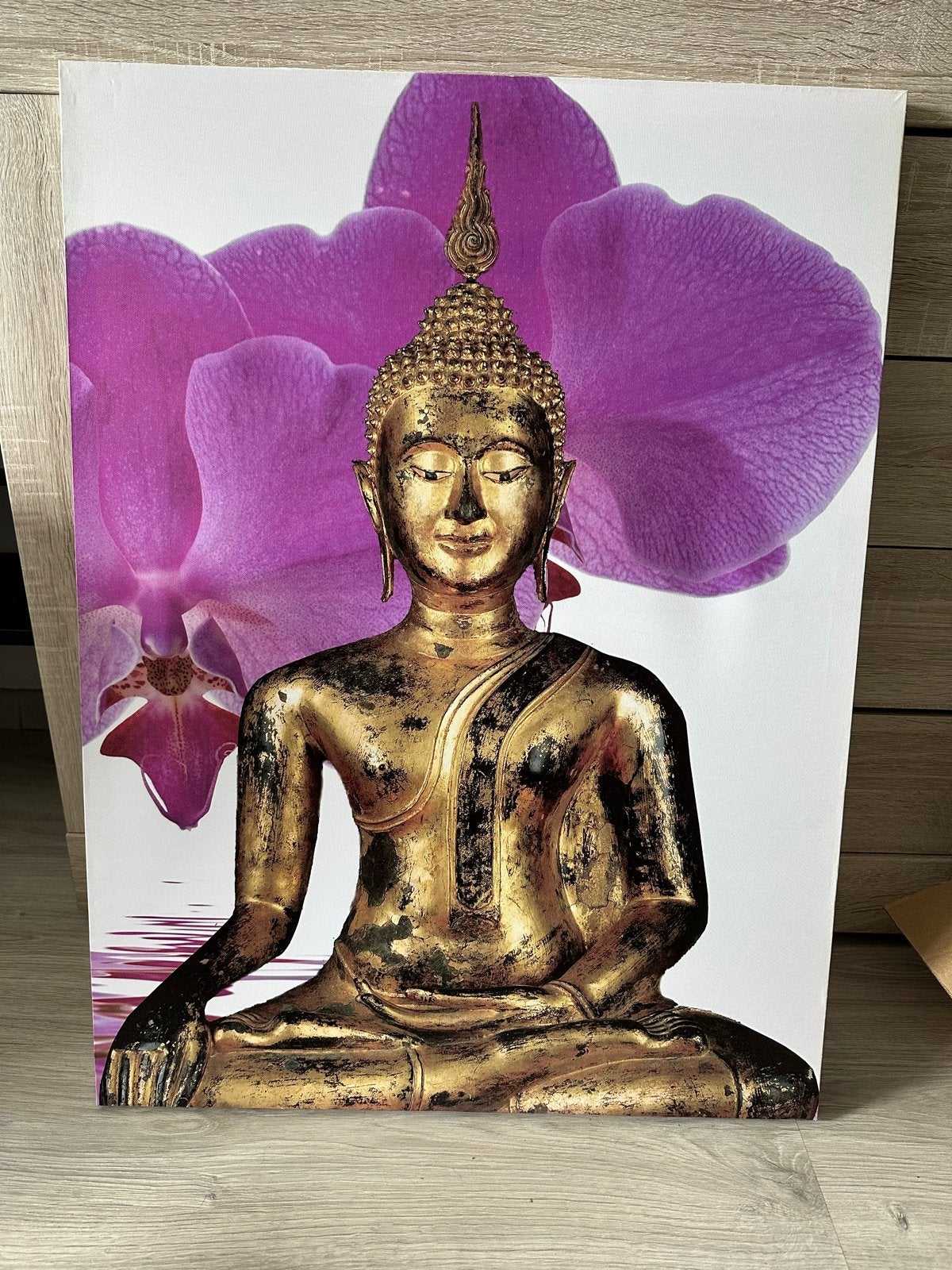 Boeddha schilderij met paarse orchideeën, Ophalen