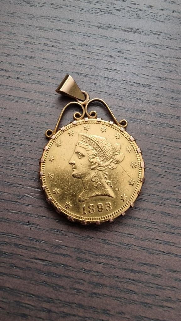 Gouden 10 dollar munt 1893 in hanger, Ophalen of Verzenden, Noord-Amerika, Losse munt, Goud