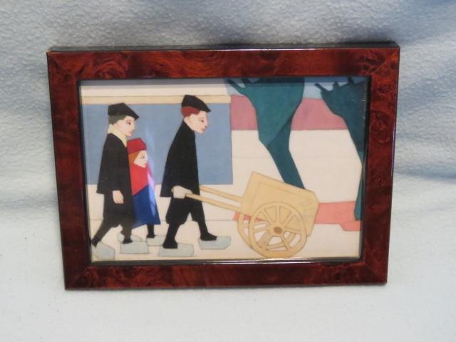Ingelijste print Drie figuren met handkar van Chris Beekman, Minder dan 50 cm, Ophalen of Verzenden, Minder dan 50 cm, Print