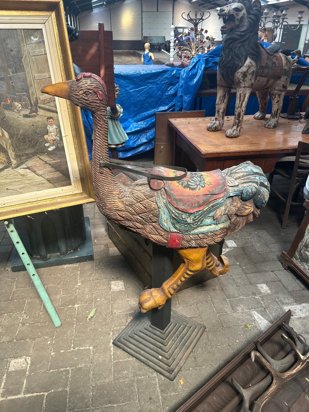 Antieke houten carrousel struisvogel, Ophalen