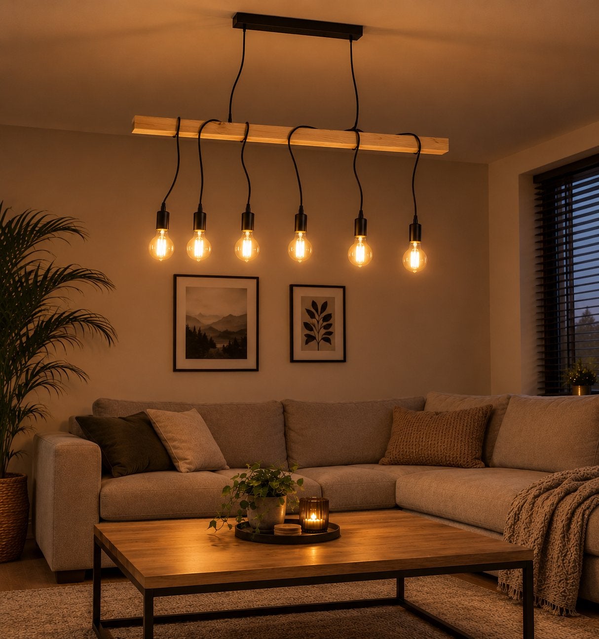 Hanglamp Hout met 6 Lichtpunten - Industriële Stijl, Ophalen, Nieuw, Hout, E27 (groot)