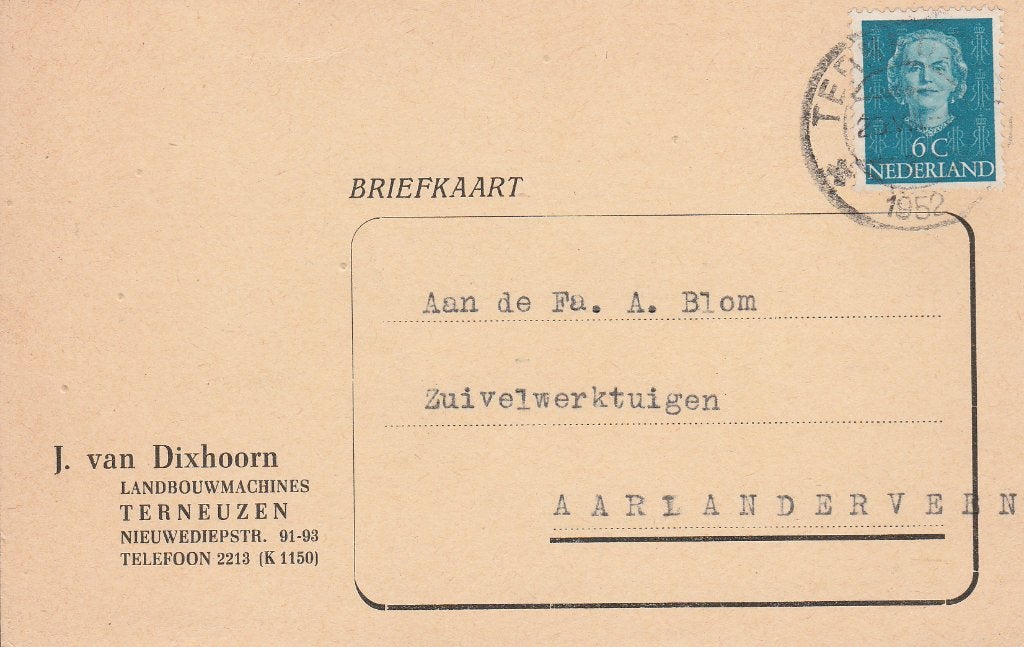 TERNEUZEN 1952 J van DIXHOORN Landbouwmachines, Verzenden, Voor 1920, Gelopen, Zeeland