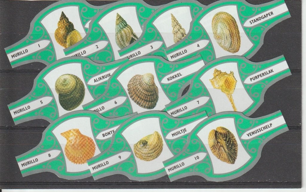 reeks 634  schelpen  1-10    sigarenbanden, Ophalen of Verzenden, Zo goed als nieuw, Sigarenbandjes
