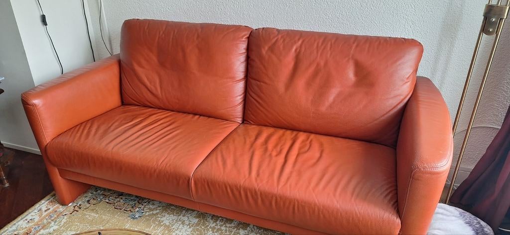 Rode leren bank, Huis en Inrichting, Banken | Bankstellen, Ophalen, Gebruikt, 150 tot 200 cm, Driepersoons