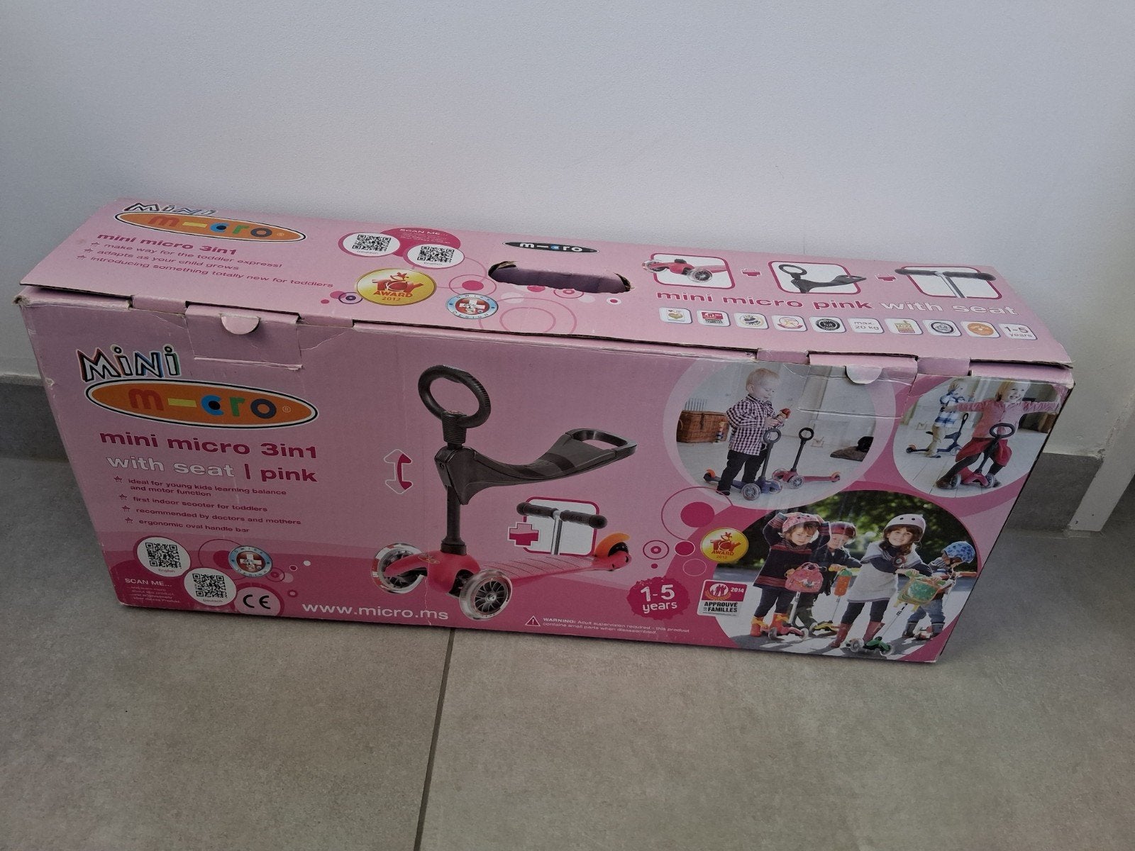 Mini Micro 3-in-1 step roze met zitje, compleet in doos, Ophalen of Verzenden, Gebruikt, Gewone step, Mini Micro