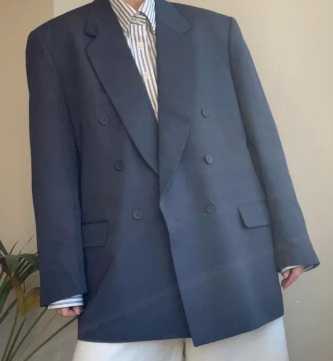 Vintage oversized navy/grey double breasted XL blazer, Kostuum of Pak, Blauw, Maat 46/48 (XL) of groter, Ophalen of Verzenden