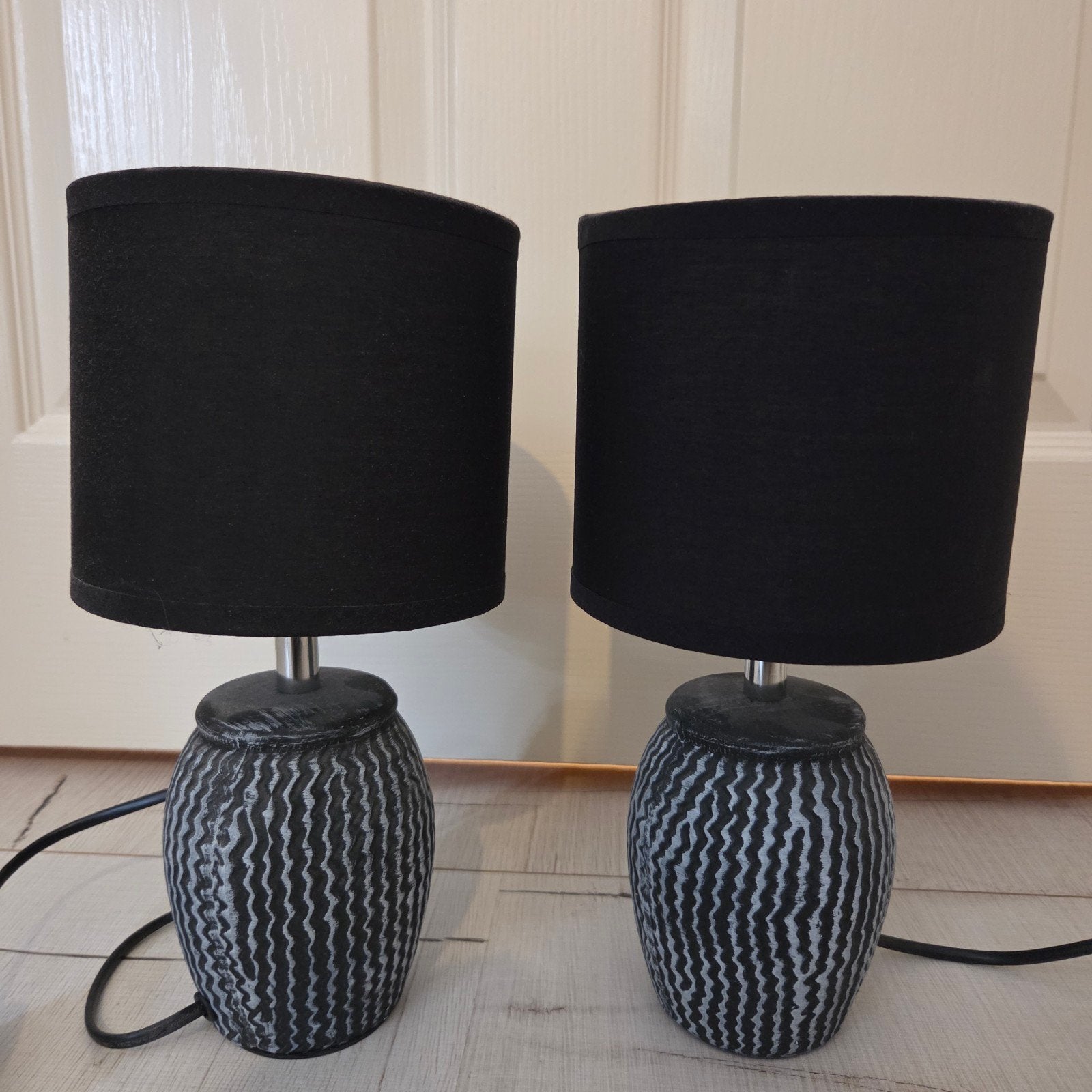 2 Nachtkastlampjes met blauw/grijs/zwarte kap, Ophalen, Gebruikt, Textiel, Meerkleurig